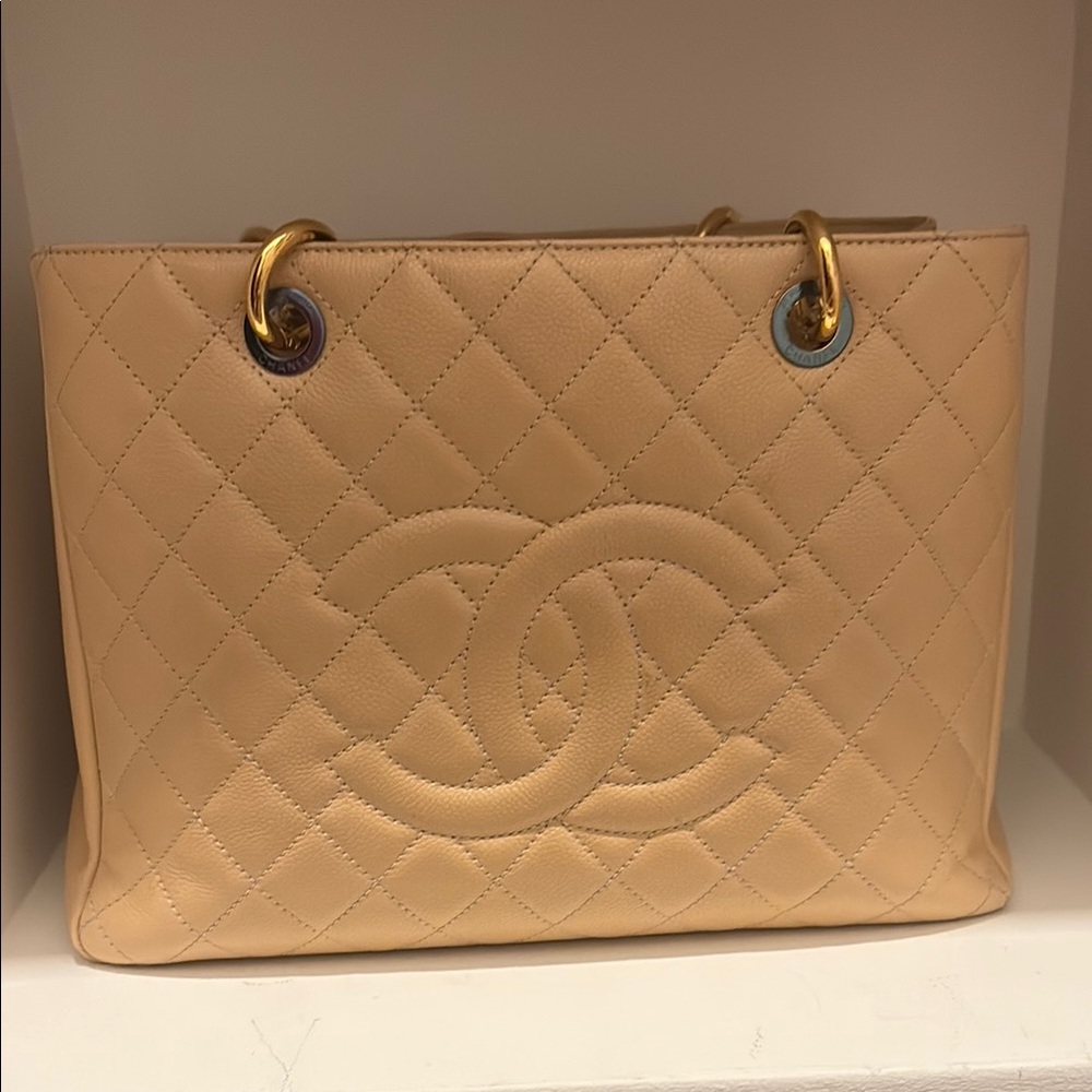 CHANEL Cream and Gold Quilted Tote with Chain Handles